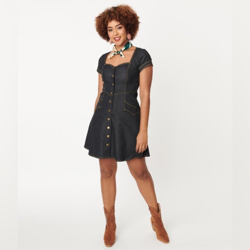 Unique Vintage Black Denim Fit & Flare Cowgirl Dress